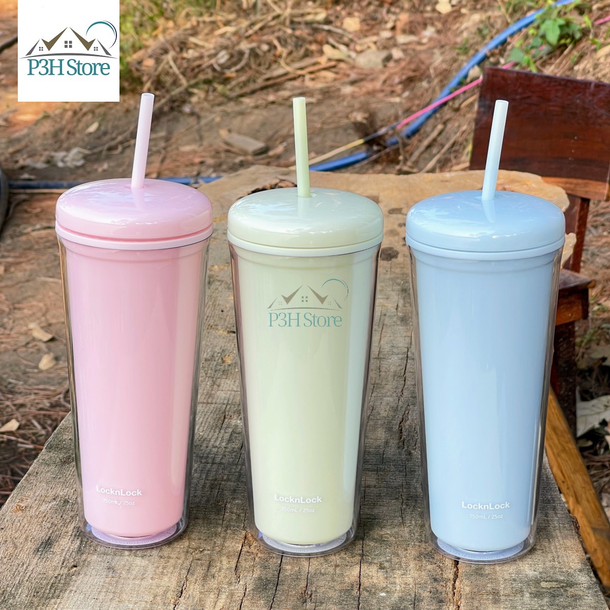 Ly nhựa 2 lớp LocknLock Macaron kèm ống hút HAP533 P3H Store