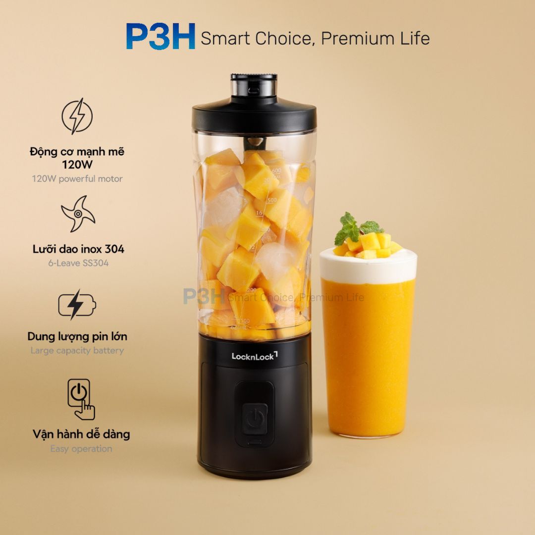 Máy Xay Sinh Tố Cầm Tay LocknLock 600ml EJJ356BLK  Gọn Nhẹ, Xay Nhanh, Tiện Lợi Mọi Lúc P3H