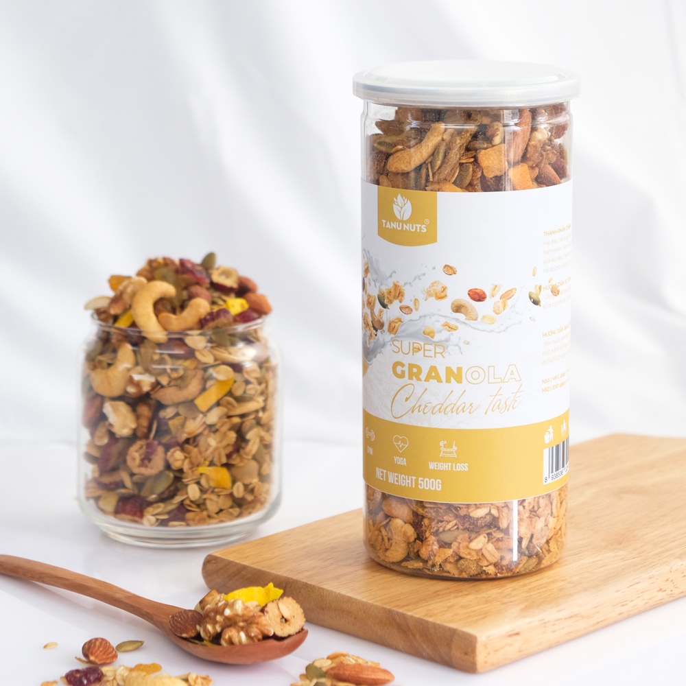 Granola siêu hạt 15% yến mạch TANU NUTS, hạt ngũ cốc granola ăn kiêng giảm cân không đường tốt cho gym, yoga hũ 500g