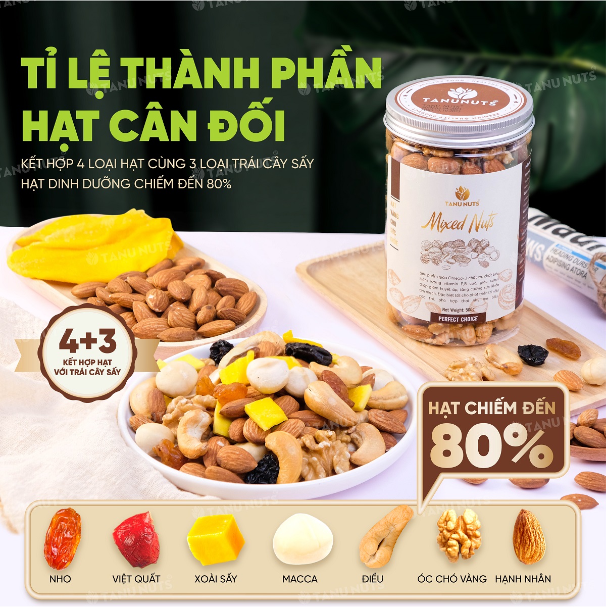 Hạt dinh dưỡng mix 7 loại TANU NUTS hũ 500g, hạt ngũ cốc bà bầu gồm macca, óc chó, hạnh nhân, điều, nho, xoài, việt quất