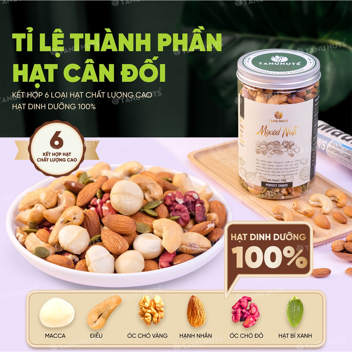 Hạt dinh dưỡng mix 6 loại TANU NUTS hũ 500g,hạt ngũ cốc bà bầu gồm macca, óc chó vàng - đỏ, hạnh nhân, bí xanh, hạt điều