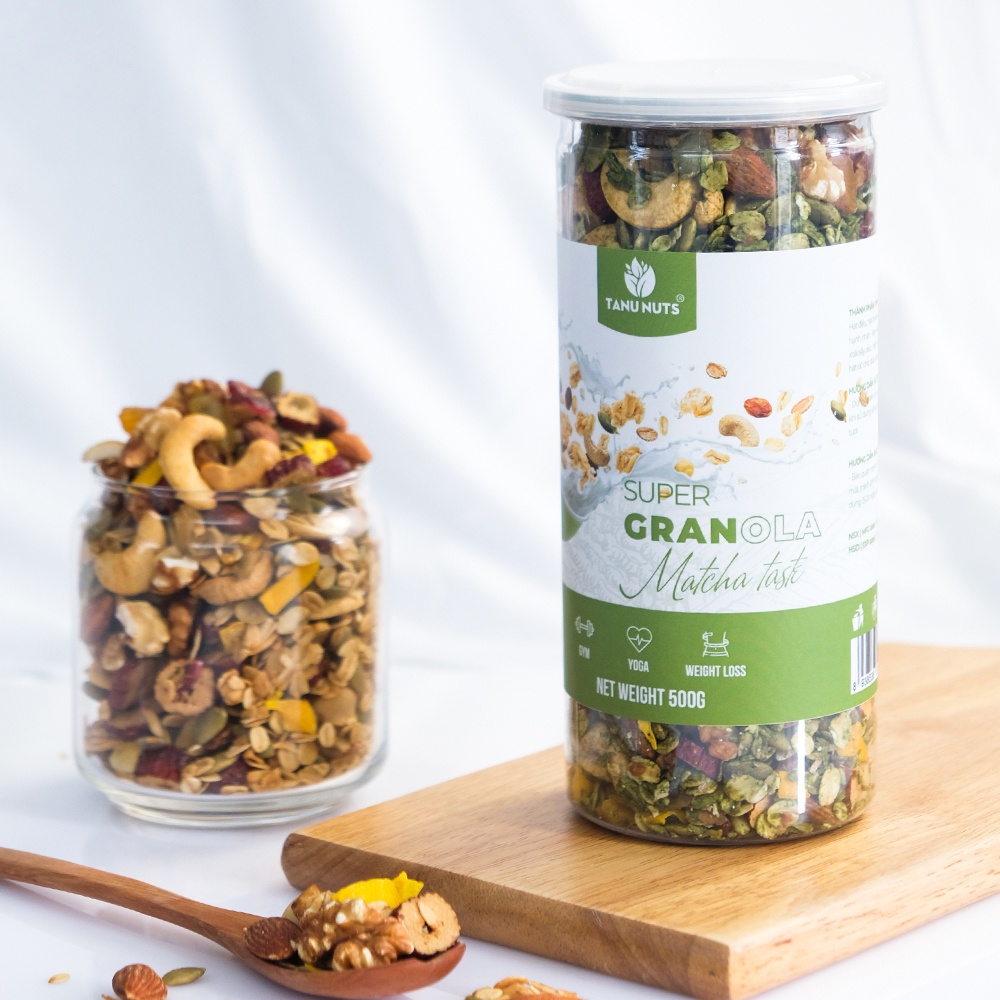 Granola siêu hạt 15% yến mạch TANU NUTS, hạt ngũ cốc granola ăn kiêng giảm cân không đường tốt cho gym, yoga hũ 500g