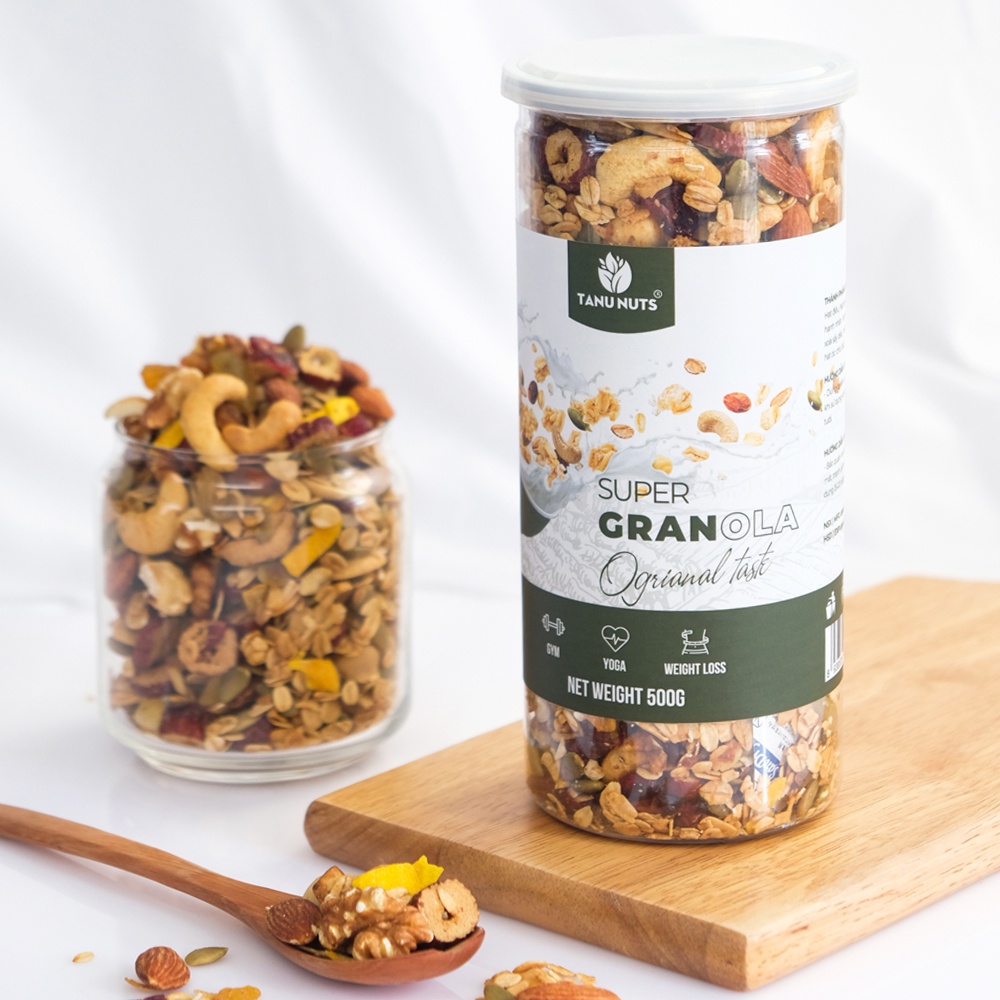 Granola siêu hạt 15% yến mạch TANU NUTS, hạt ngũ cốc granola ăn kiêng giảm cân không đường tốt cho gym, yoga hũ 500g