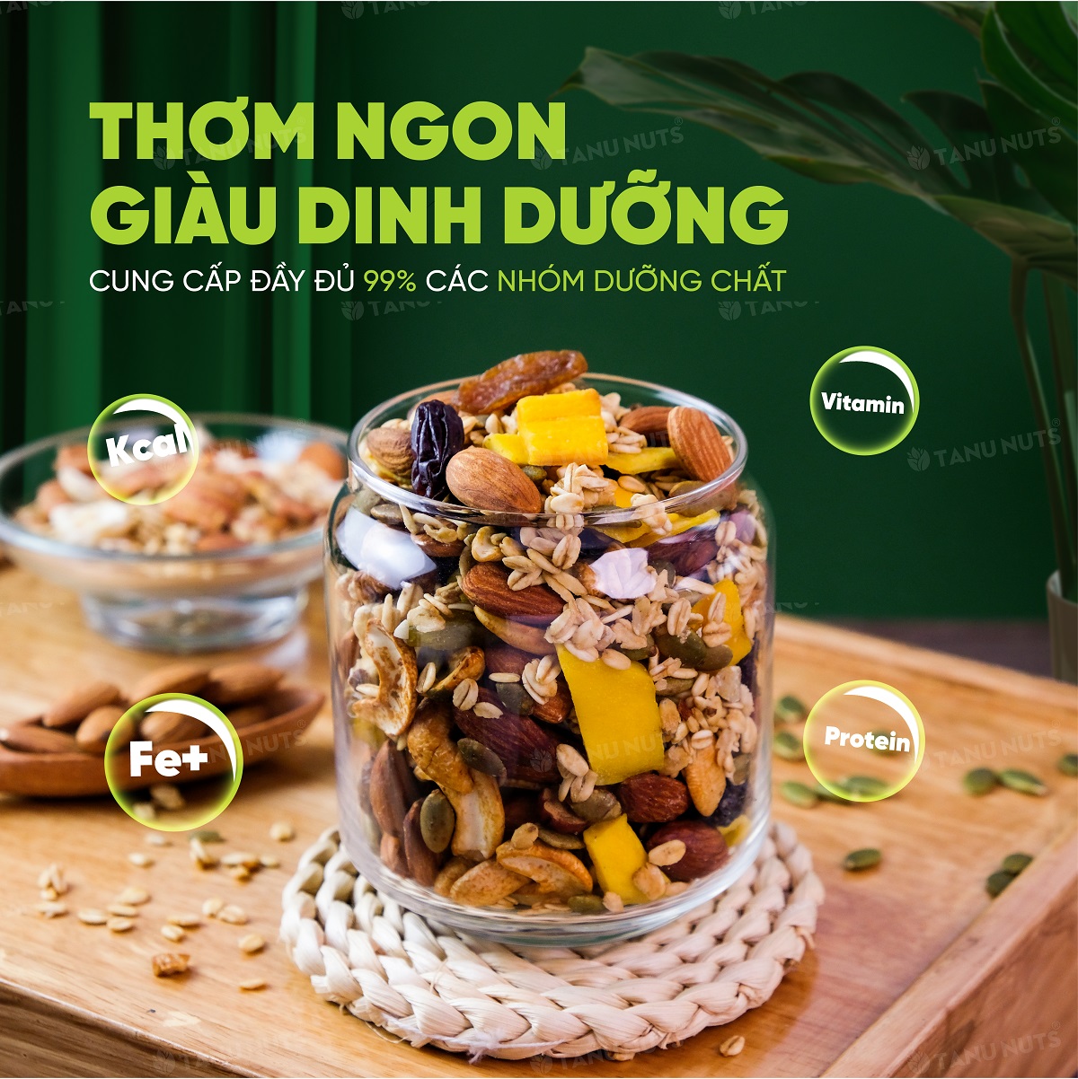 Granola siêu hạt 15% yến mạch TANU NUTS, hạt ngũ cốc granola ăn kiêng giảm cân không đường tốt cho gym, yoga hũ 500g