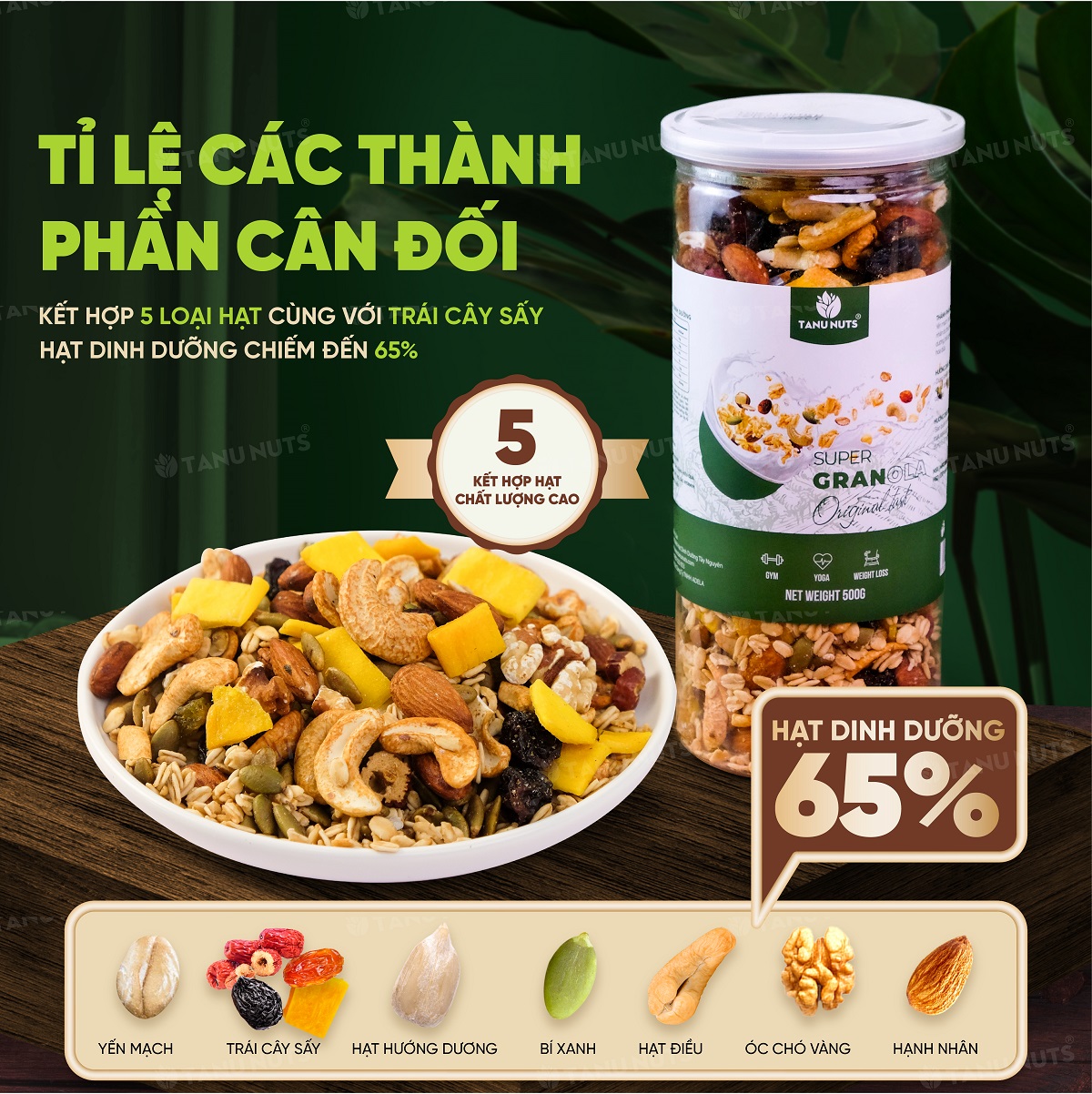 Granola siêu hạt 15% yến mạch TANU NUTS, hạt ngũ cốc granola ăn kiêng giảm cân không đường tốt cho gym, yoga hũ 500g