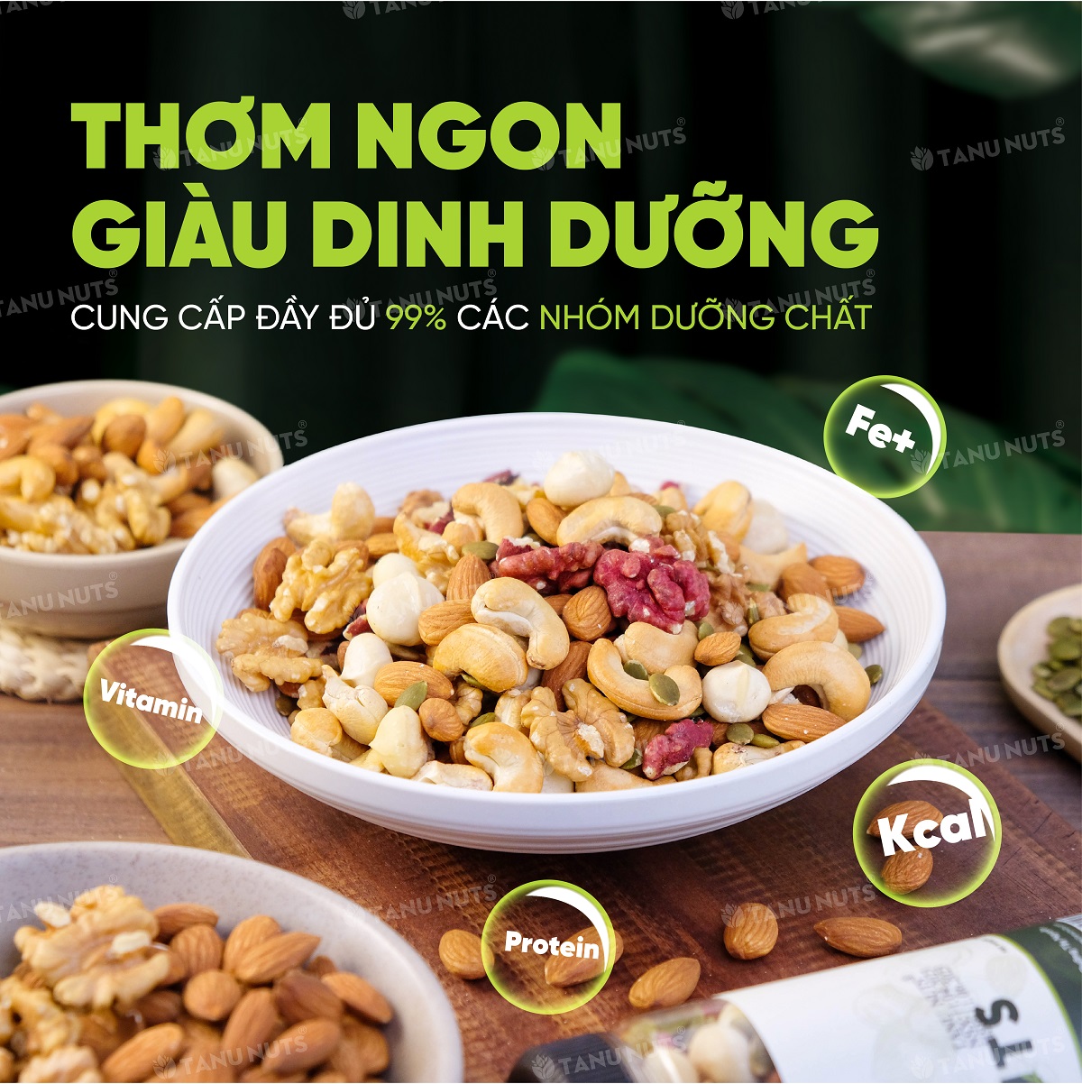 Hạt dinh dưỡng mix 6 loại TANU NUTS hũ 500g,hạt ngũ cốc bà bầu gồm macca, óc chó vàng - đỏ, hạnh nhân, bí xanh, hạt điều