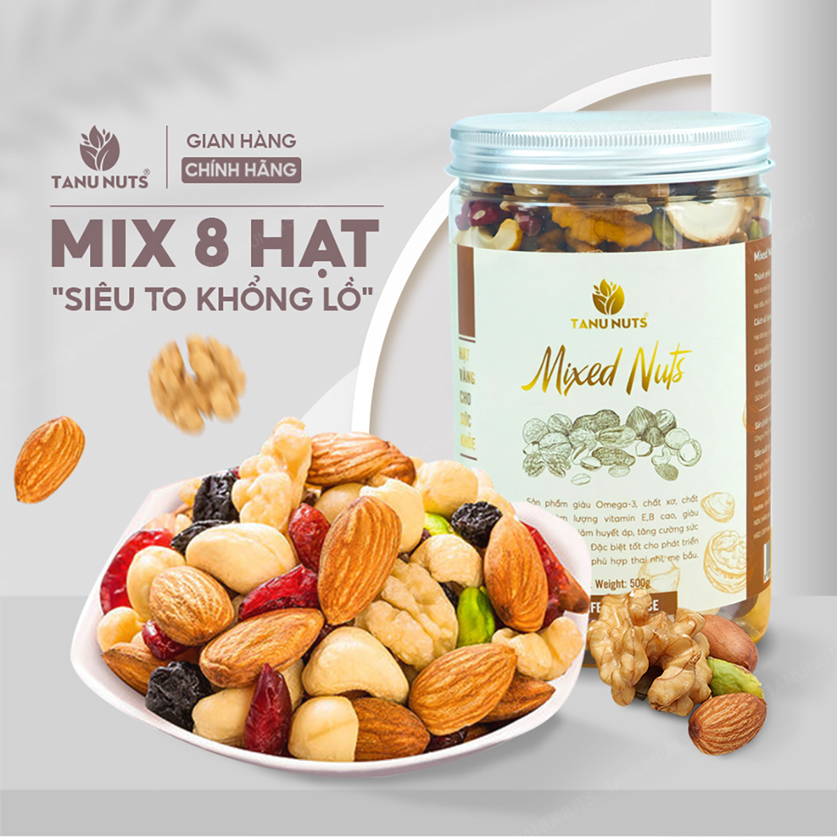 Hạt dinh dưỡng mix 8 loại TANU NUTS, ngũ cốc granola siêu hạt ăn kiêng giảm cân, ngũ cốc bà bầu