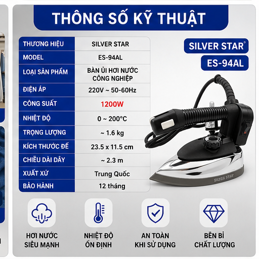 Bàn Là Hơi Nước Công Nghiệp Bình Nước Treo Silver Star ES-94A (Tặng kèm tất là)
