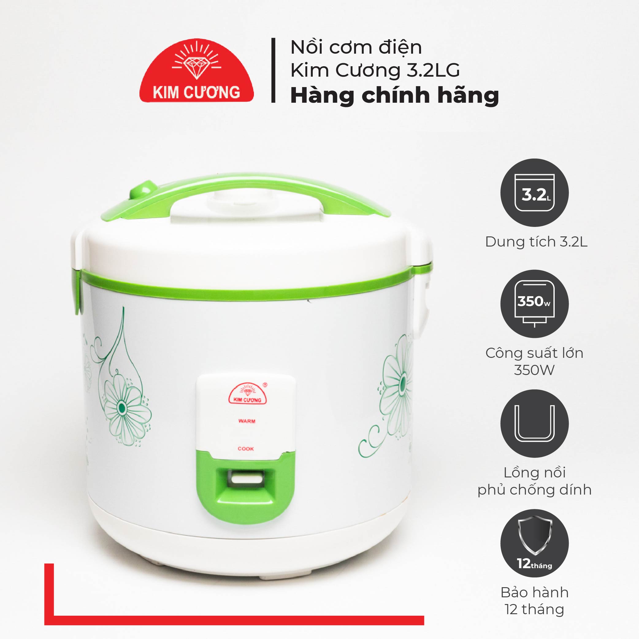 Nồi Cơm Điện Kim Cương - Nắp Gài Chống Dính 3.2 Lít [Chính Hãng]