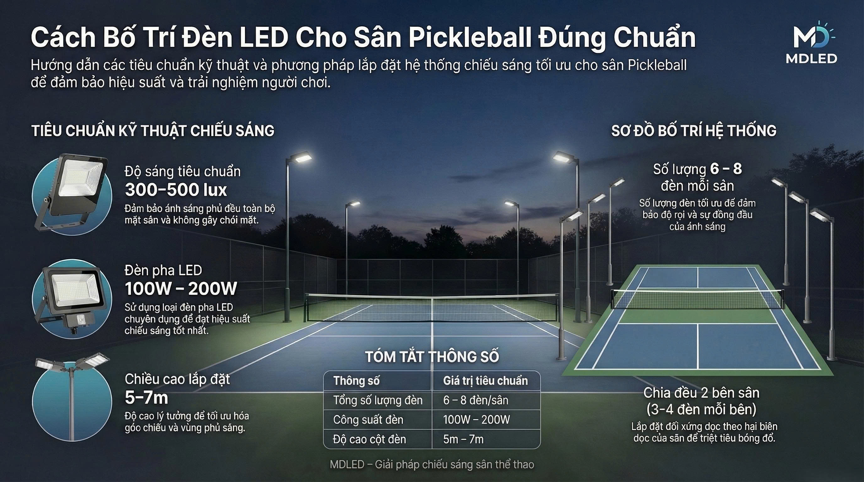 Cách Bố Trí Đèn LED Cho Sân Pickleball Đúng Chuẩn Ánh Sáng Thi Đấu