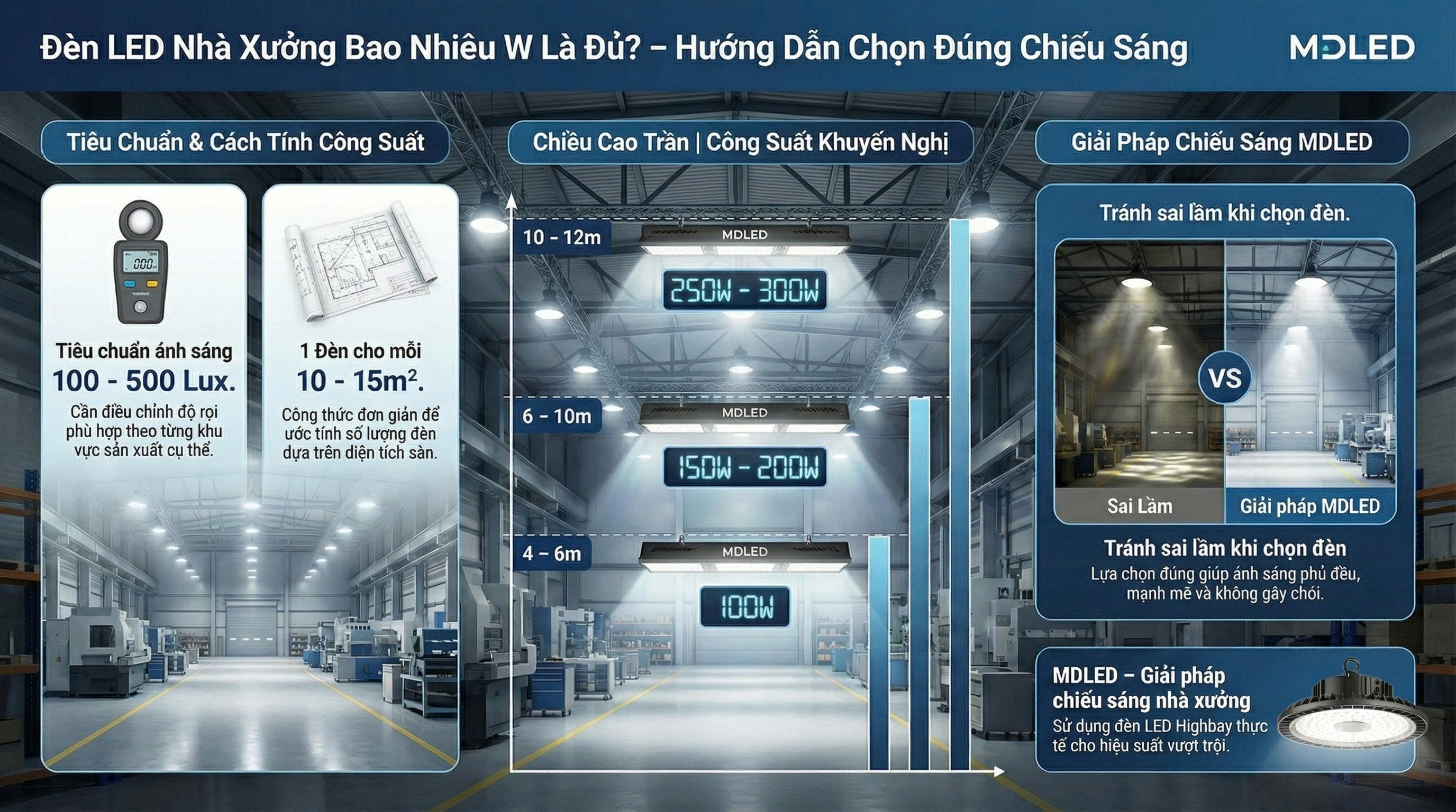 Đèn LED Nhà Xưởng Bao Nhiêu W Là Đủ? Cách Tính Chuẩn Nhất