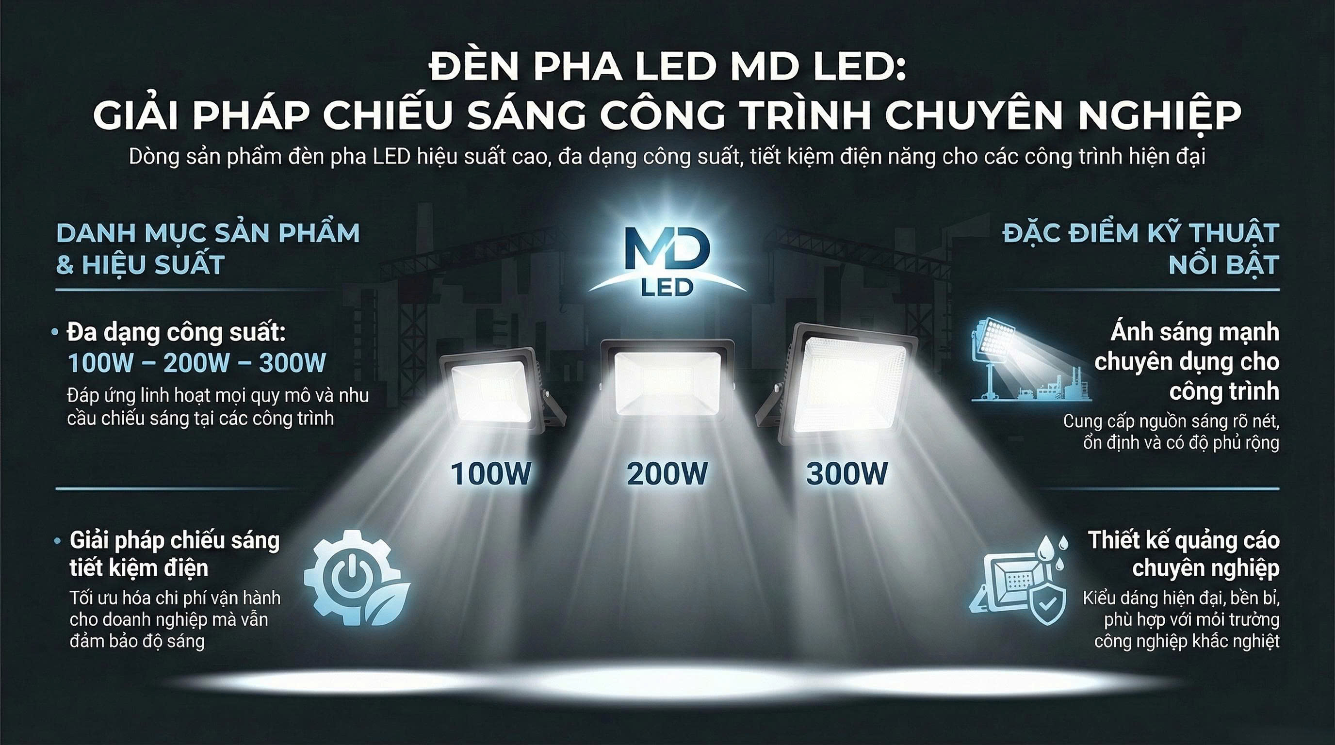 Đèn pha LED 100W – 200W – 300W dùng cho công trình