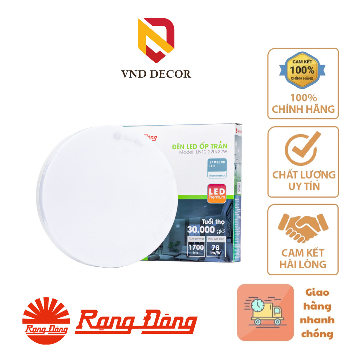 Đèn LED Ốp Trần Tròn LN12 Đế Nhôm RẠNG ĐÔNG