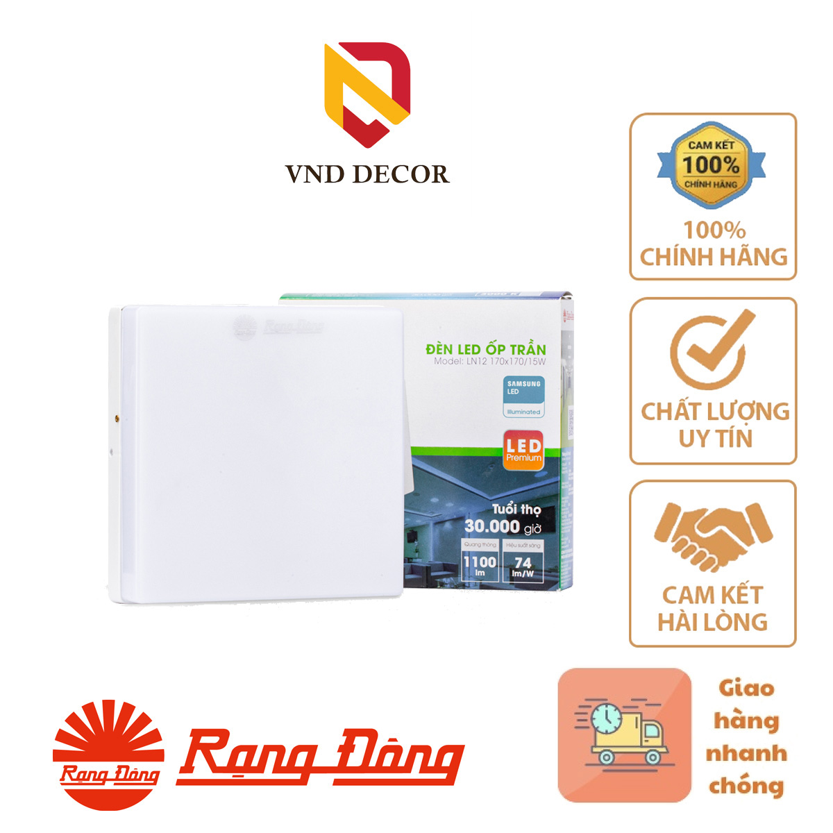 Đèn LED Ốp Trần Vuông LN12 Đế Nhôm RẠNG ĐÔNG