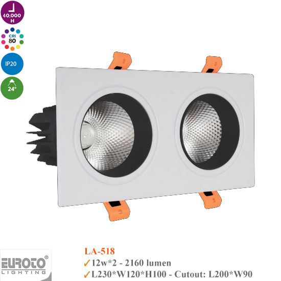 Đèn Spotlight Âm Trần Đôi Euroto 2x7W-2x12W-2X20W-LA516/LA518/LA520