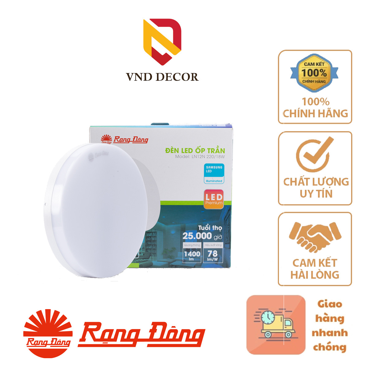 Đèn LED Ốp Trần Tròn LN12N Đế Nhựa RẠNG ĐÔNG