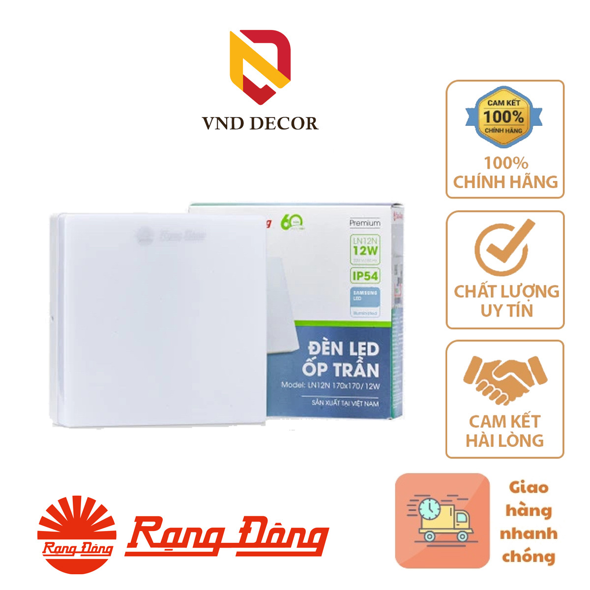 Đèn LED Ốp Trần Vuông LN12N Đế Nhựa RẠNG ĐÔNG