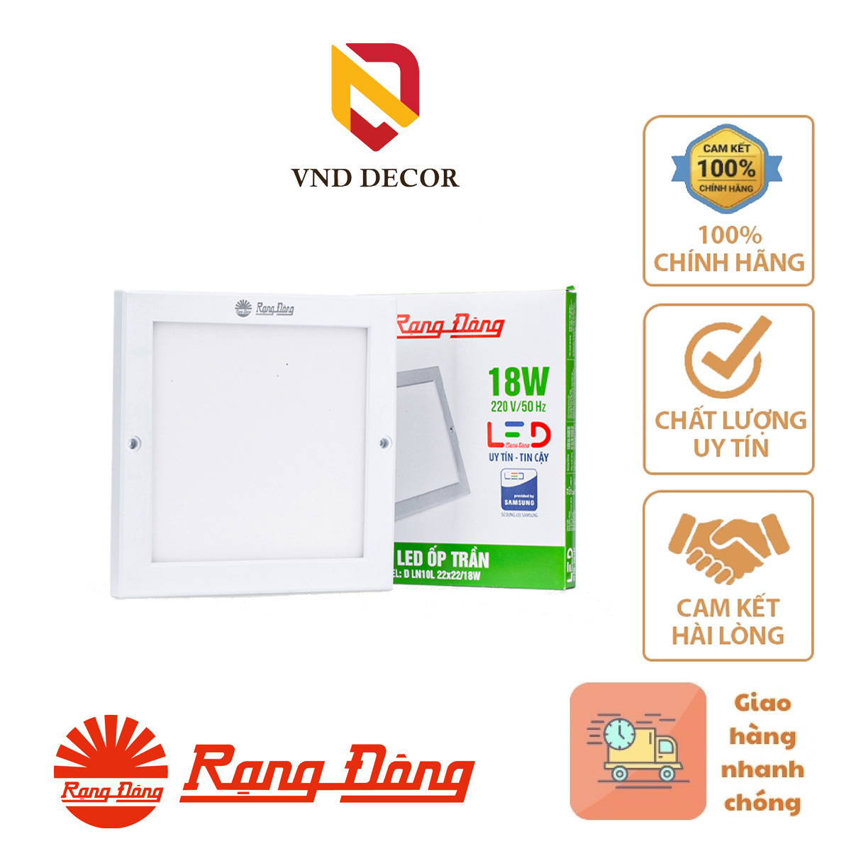 Đèn LED Ốp Trần Vuông LN10L RẠNG ĐÔNG 18W