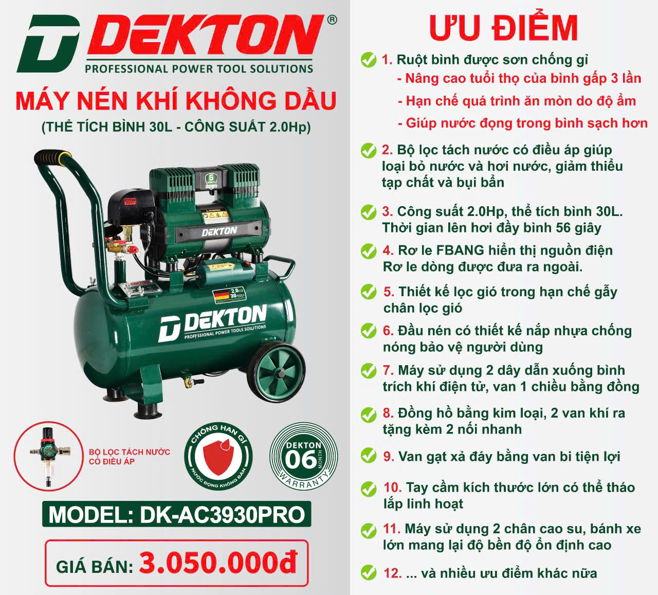 Máy Nén Khí Không Dầu 2HP Dekton DK-AC3930PRO: Đẳng cấp mới cho xưởng sản xuất