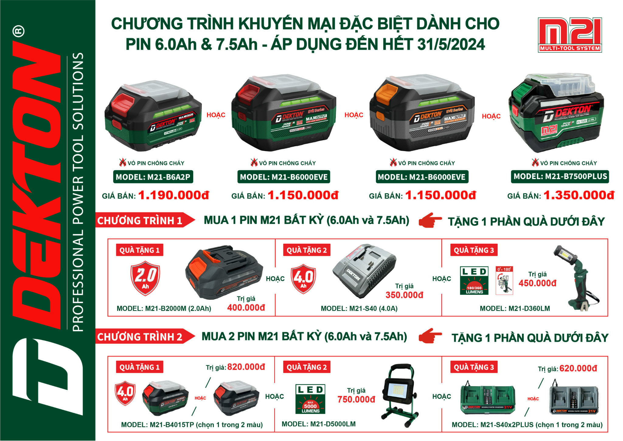 [KHUYẾN MÃI DEKTON] Chương Trình Khuyến Mãi cho Pin 6.0Ah và 7.5Ah tháng 4/2024