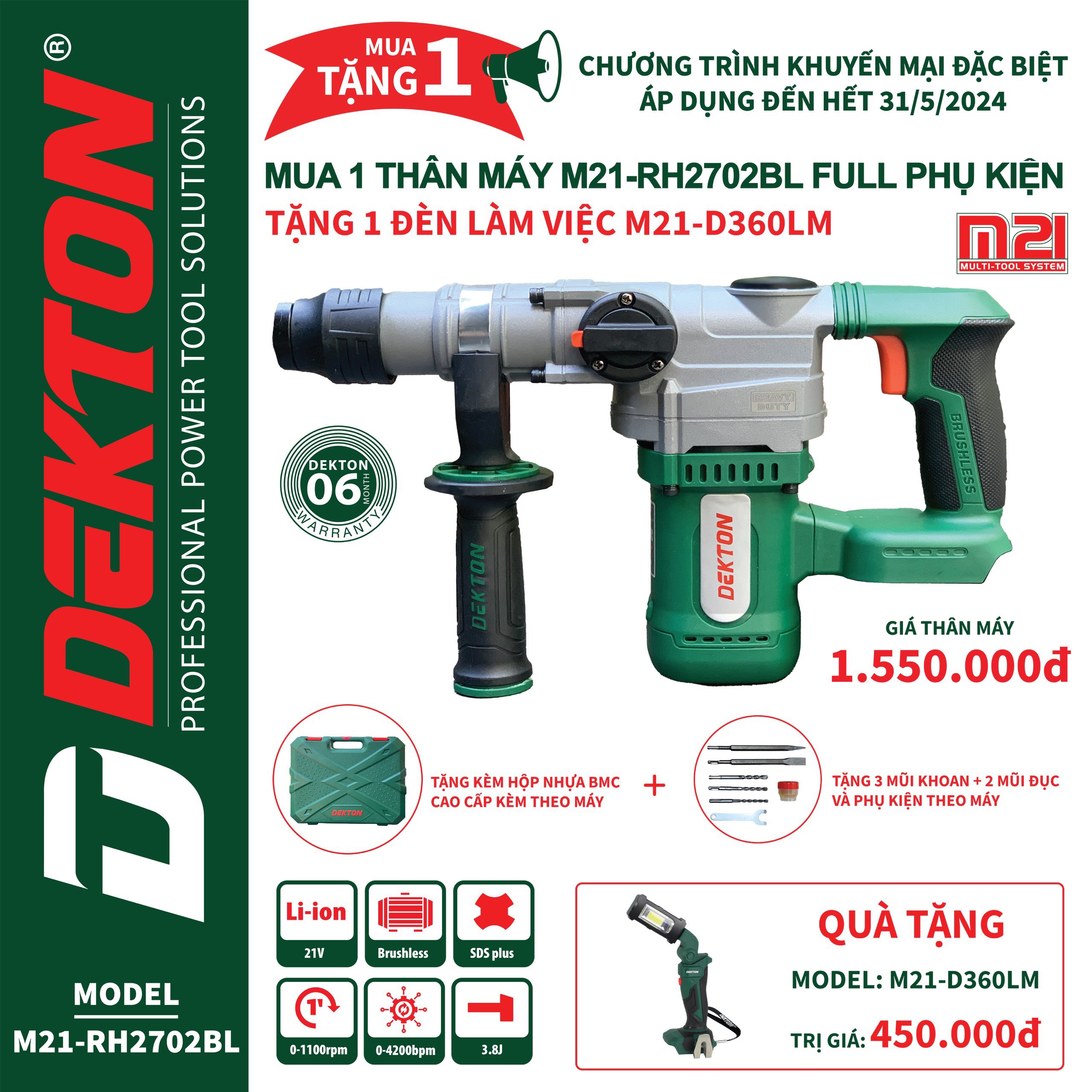 [Khuyến Mãi DEKTON] Mua Thân Máy Khoan Betong M21-RH2702BL tặng đèn chiếu sáng!