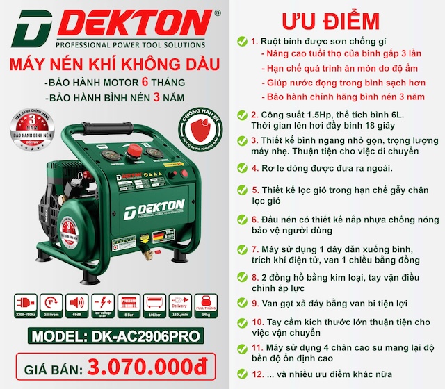 Máy nén khí không dầu Dekton DK-AC2906PRO (6L, 1.5Hp)