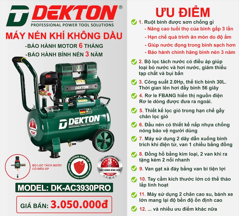 Máy Nén Khí Không Dầu 2HP - 30L Dekton DK-AC3930PRO