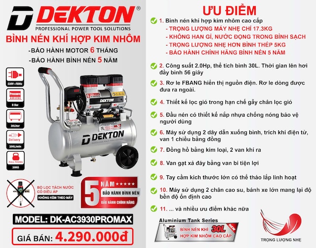 Máy Nén Khí 30L Hợp Kim Nhôm Cao Cấp DK-AC3930PROMAX Dekton - Bảo Hành Bình Nén 5 năm