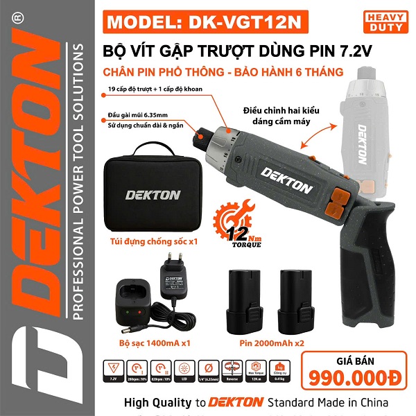 Bộ Vít Gập Trượt Dekton DK-VGT12XN Dùng Pin 7.2V | Tích Hợp Pin 2000mAh