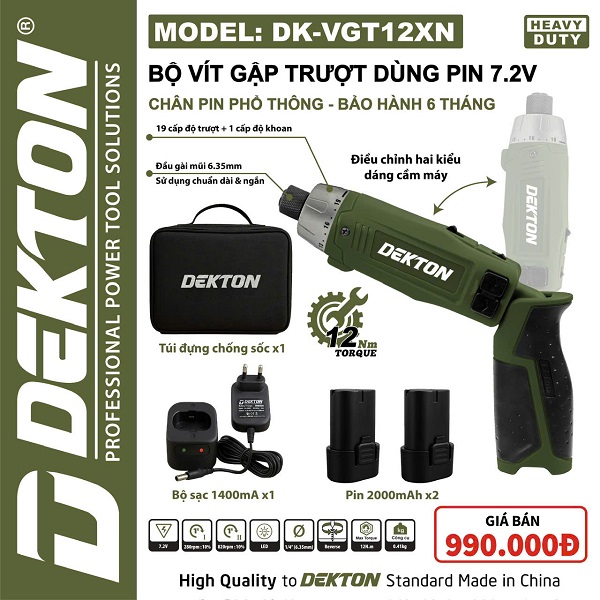 Bộ Vít Gập Trượt Dekton DK-VGT12XN Dùng Pin 7.2V | Tích Hợp Pin 2000mAh