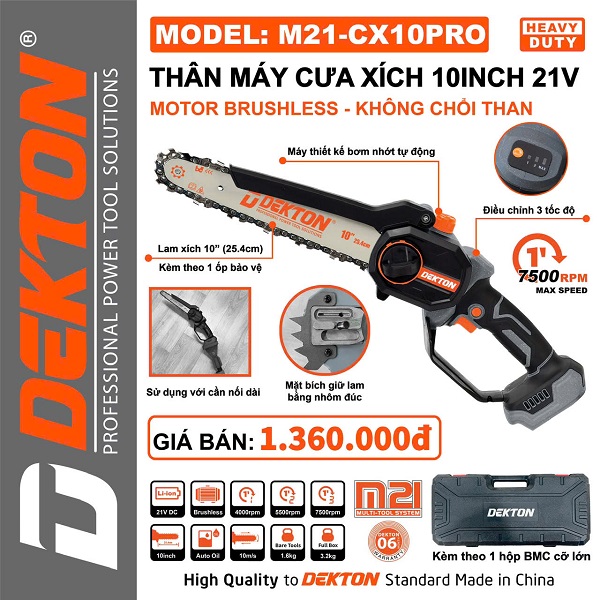 Thân Máy Cưa Xích Dekton M21-CX10XPRO 21V, Lưỡi 10 Inch | Động Cơ Không Chổi Than