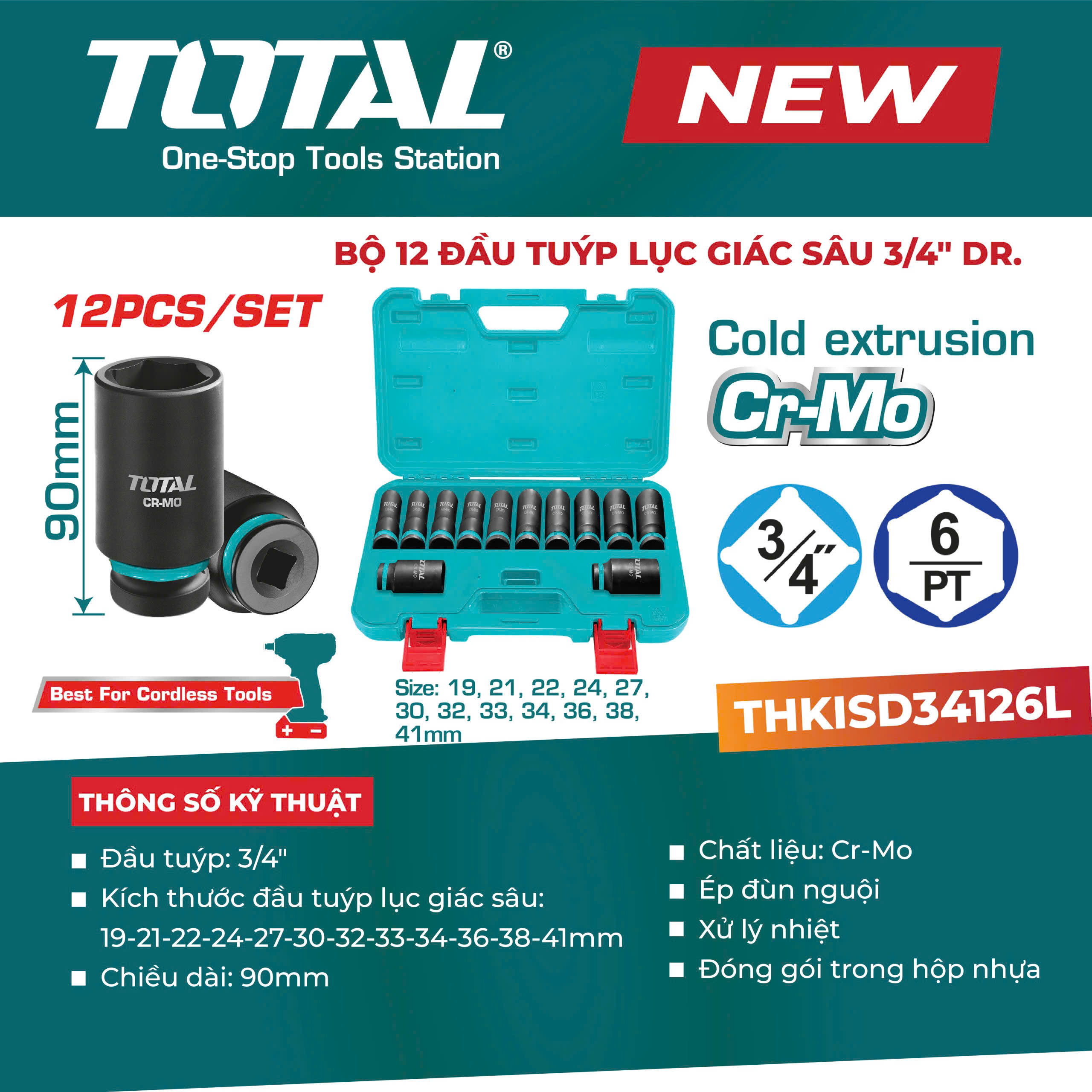 Bộ 12 Đầu Tuýp Lục Giác Sâu 3/4" Total THKISD34126L – Thép Cr-Mo Dài 90mm (Chính Hãng)