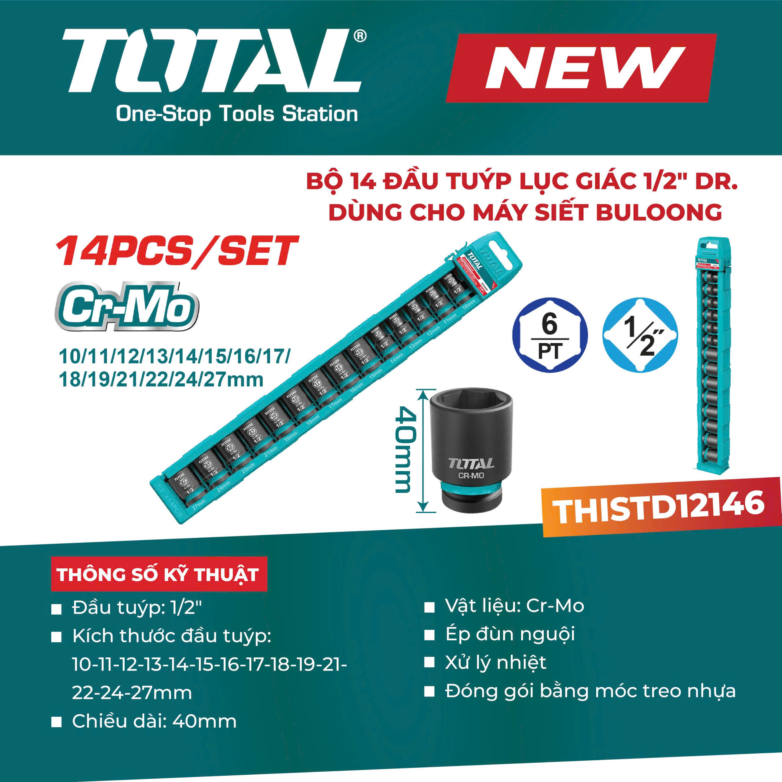 Bộ 14 Đầu Tuýp Lục Giác 1/2" Total THISTD12146 – Thép Cr-Mo Cho Máy Siết Bulong (Chính Hãng)