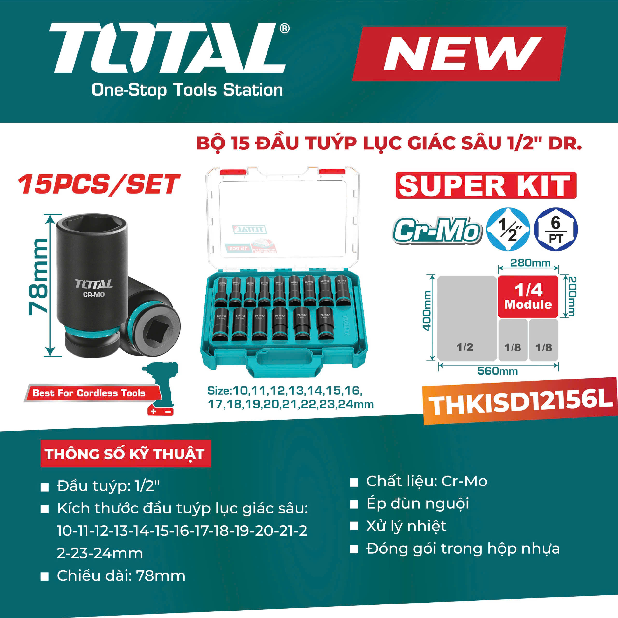 Bộ 15 Đầu Tuýp Lục Giác Sâu 1/2" Total THKISD12156L – Thép Cr-Mo Dài 78mm (Chính Hãng)