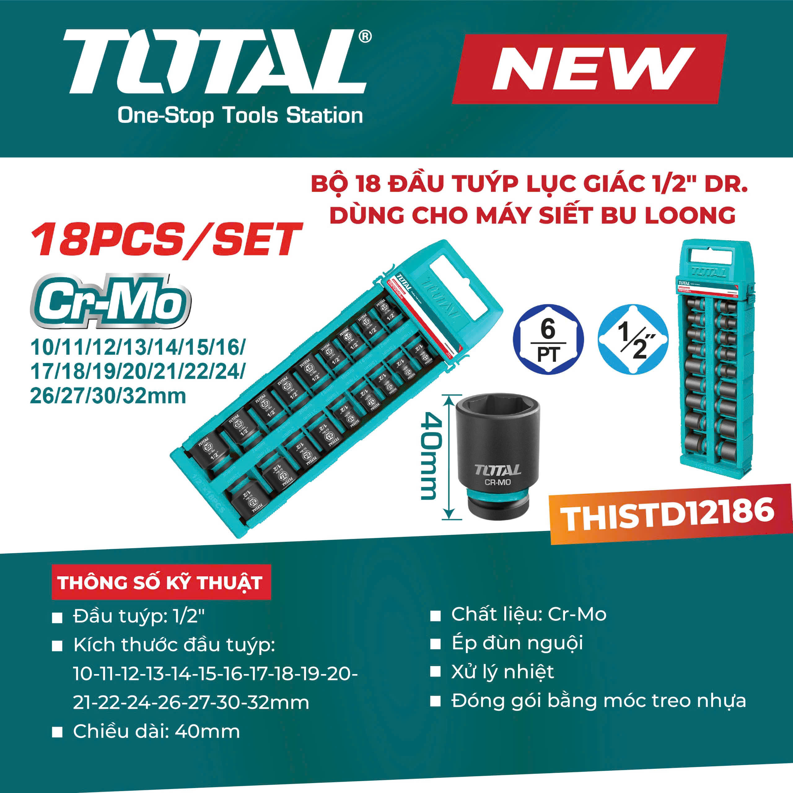 Bộ 18 Đầu Tuýp Lục Giác 1/2" Total THISTD12186 – Thép Cr-Mo Cho Máy Siết Bulong (Chính Hãng)