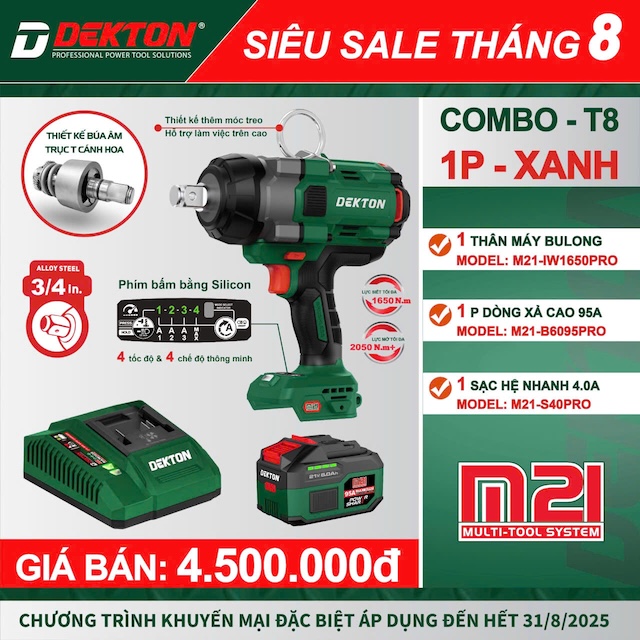 COMBO Máy siết bulong đầu 3/4 inch 1650Nm dùng pin phổ thông Dekton M21-IW1650PRO kèm pin 6A và sạc nhanh