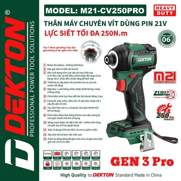 Máy Chuyên Vít Dekton M21-CV250PRO 21V, Lực Siết 250Nm, Motor Brushless, Đầu Gài 1/4 Inch, Gen 3 Pro