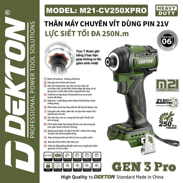 Máy Chuyên Vít Dekton M21-CV250PRO 21V, Lực Siết 250Nm, Motor Brushless, Đầu Gài 1/4 Inch, Gen 3 Pro