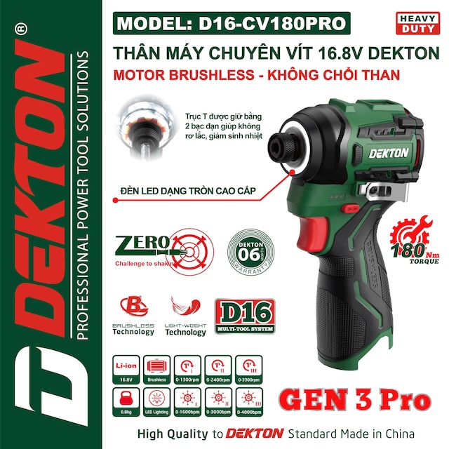 Máy Siết Vít 16V lực 180Nm Dekton D16-CV180PRO Thế Hệ Mới Nhất GEN 3 PRO