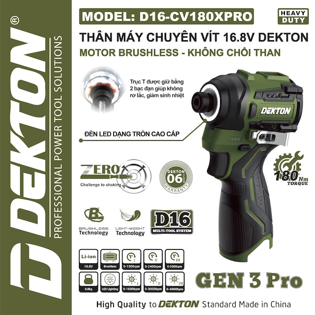 Máy Siết Vít 16V lực 180Nm Dekton D16-CV180PRO Thế Hệ Mới Nhất GEN 3 PRO