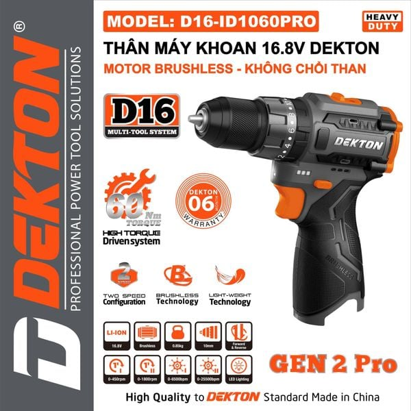 Thân máy khoan cầm tay hoạt động bằng pin hiệu DEKTON, Model: D16-ID1060PRO