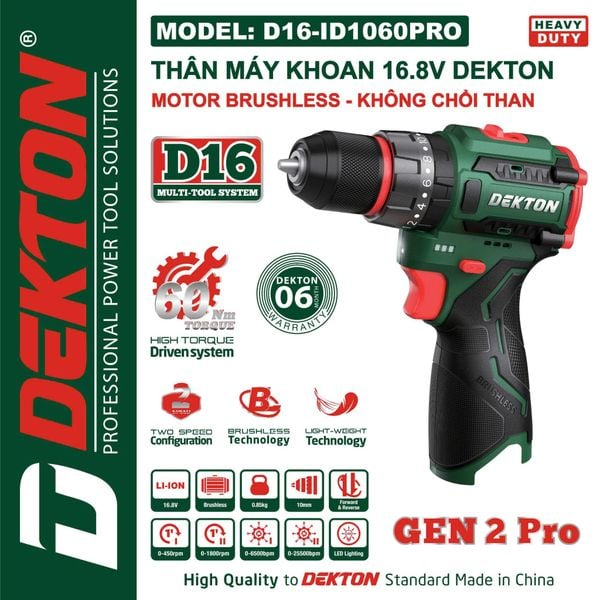 Thân máy khoan cầm tay hoạt động bằng pin hiệu DEKTON, Model: D16-ID1060PRO