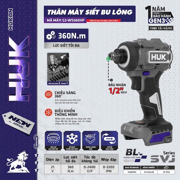 Máy Siết Bu Lông Hukan G3-WS360HP Không Chổi Than, Lực Siết 360Nm, Đầu 1/2 inch Đa Năng