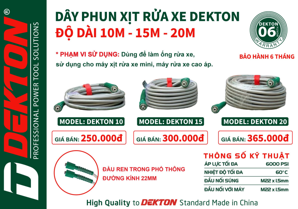 Dây Xịt Rửa Dùng Cho Máy Xịt Rửa Xe Dekton 5m - 10m - 15m - 50m các loại