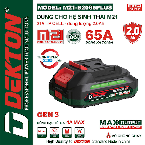 Pin Li-ion DEKTON M21-B2065PLUS (21V/2.0Ah), Dòng Xả Cao 65A, Dùng cho Hệ Sinh Thái M21 (Gen 3)