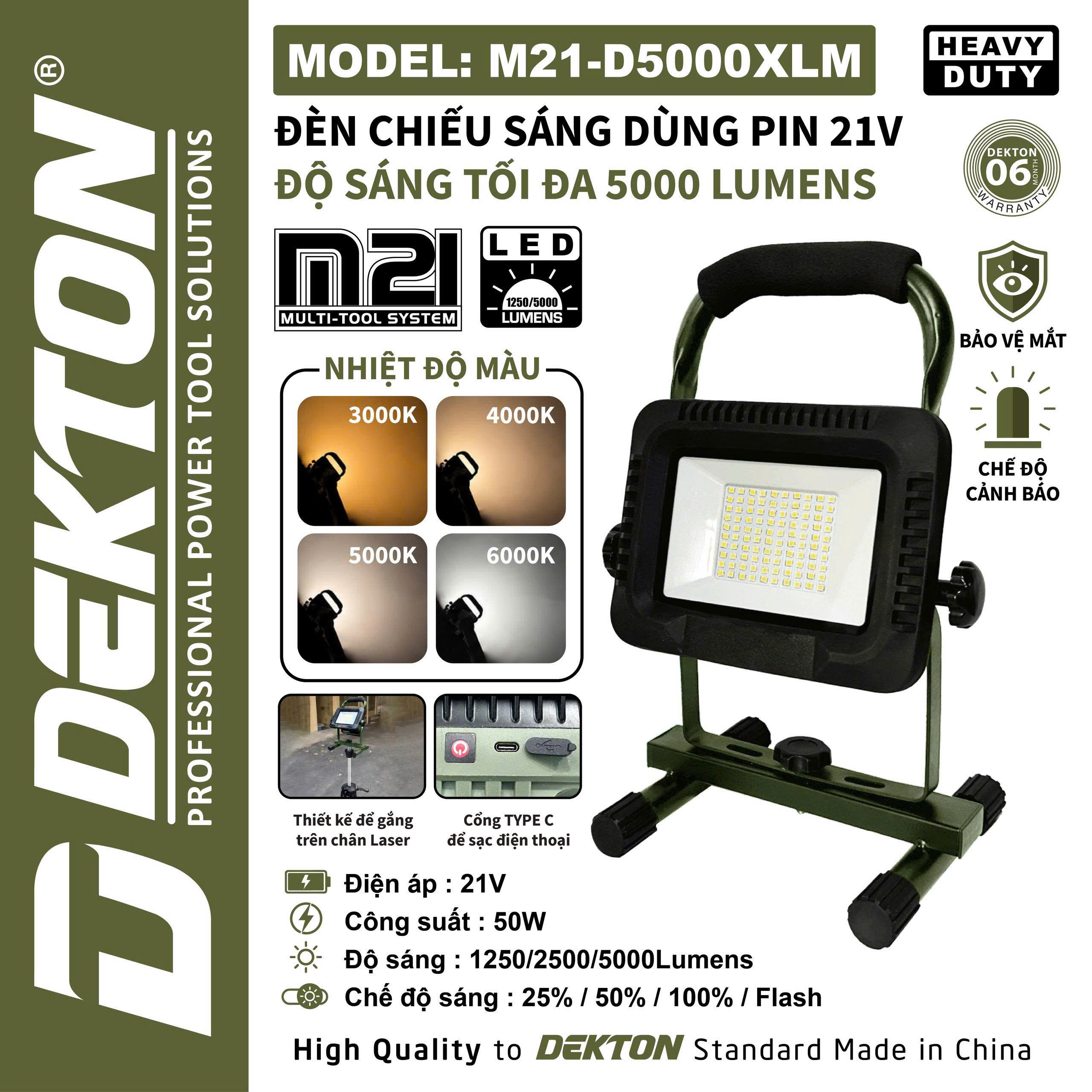 Đèn Chiếu Sáng Dùng Pin 21V Dekton M21-D5000XLM Heavy Duty – Độ Sáng 5000 Lumens (Đổi 4 Nhiệt Độ Màu – Có Sạc Điện Thoại)