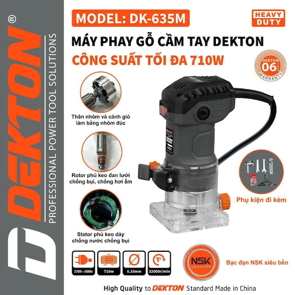Máy Phay Gỗ Cầm Tay Dekton DK-635M 580W, Cốt 6.35mm, Tốc Độ 32000 Vòng/Phút, Bạc Đạn NSK Siêu Bền