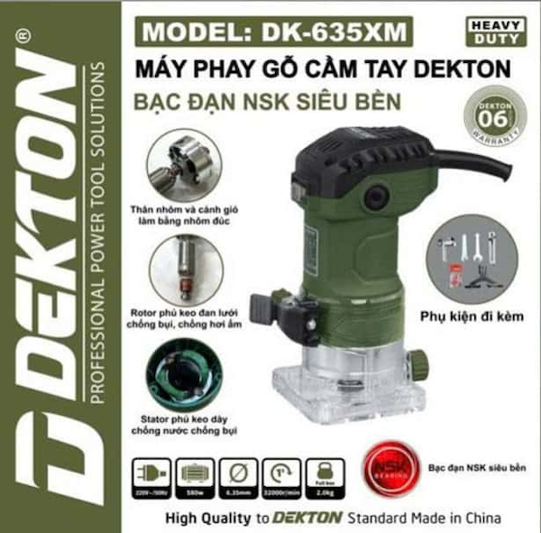 Máy Phay Gỗ Cầm Tay Dekton DK-635M 580W, Cốt 6.35mm, Tốc Độ 32000 Vòng/Phút, Bạc Đạn NSK Siêu Bền