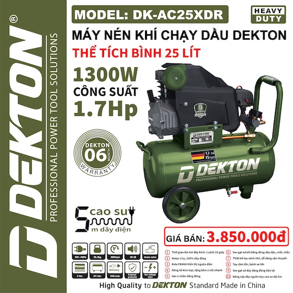 Máy Nén Khí Chạy Dầu DEKTON DK-AC25XDR, Dung Tích 25 Lít, Công Suất 1300W (1.7HP)