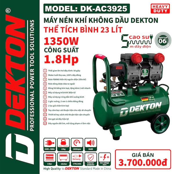 Máy Nén Khí Không Dầu DEKTON DK-AC3925, Dung Tích 23 Lít, Công Suất 1350W (1.8HP)